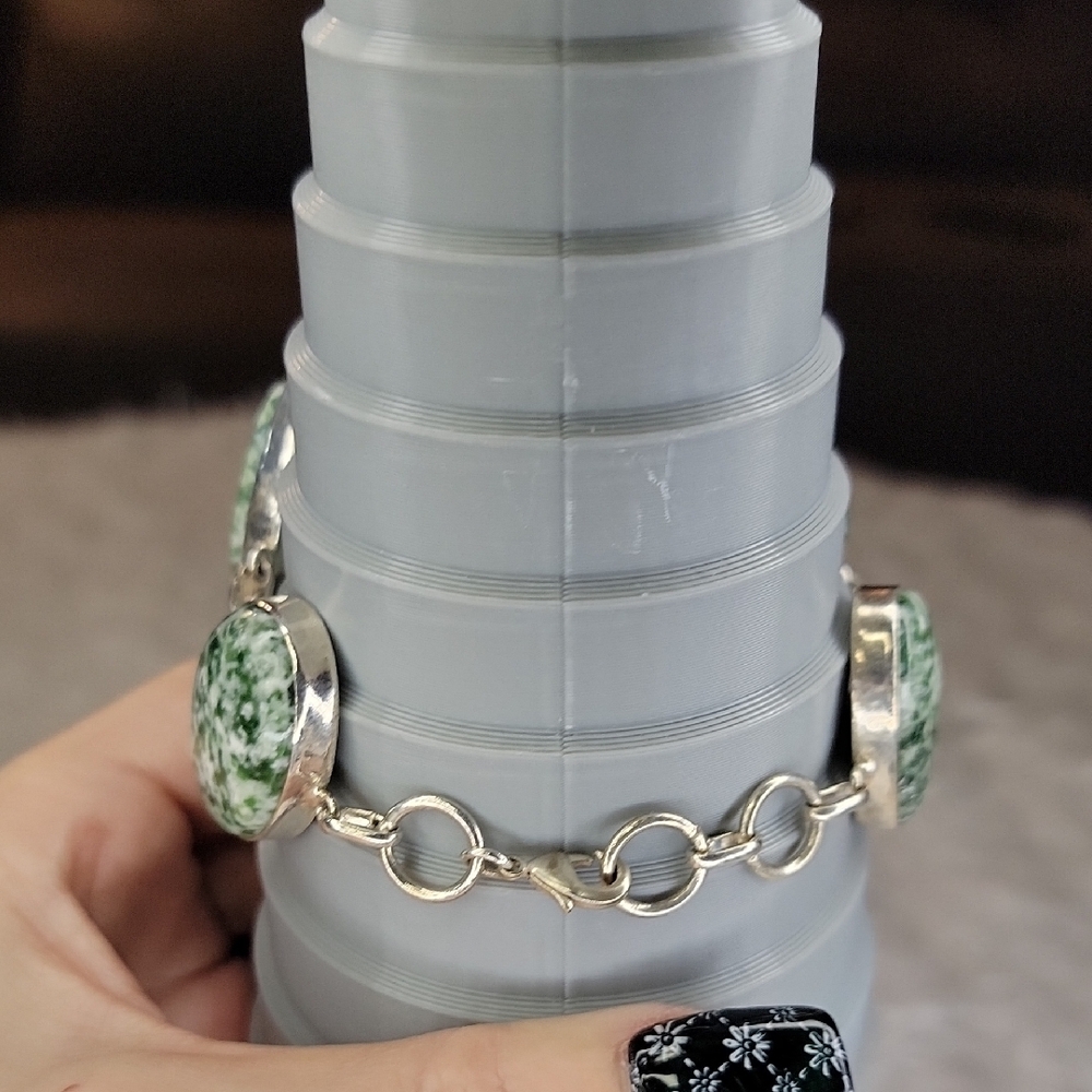 Sterling Silver Green Opal & Tree Agate Bracelet - Picture 3 of 8